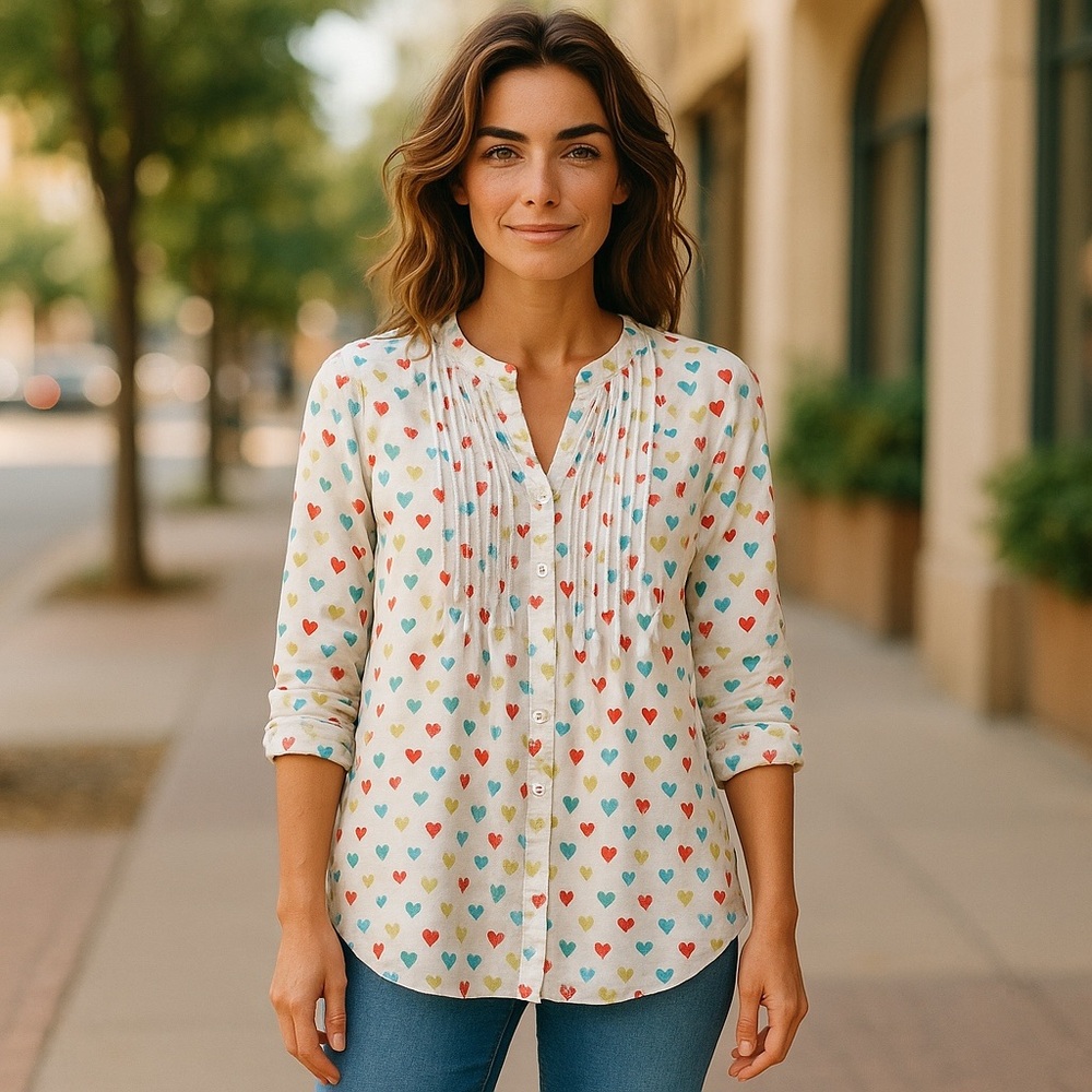 NWT Jane and Delancey Multicolor Heart Print Button Down Shirt Valentine’s Day - Picture 3 of 14